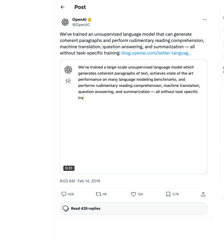 Screenshot of OpenAI's GPT-2 launch tweet from February 14, 2019