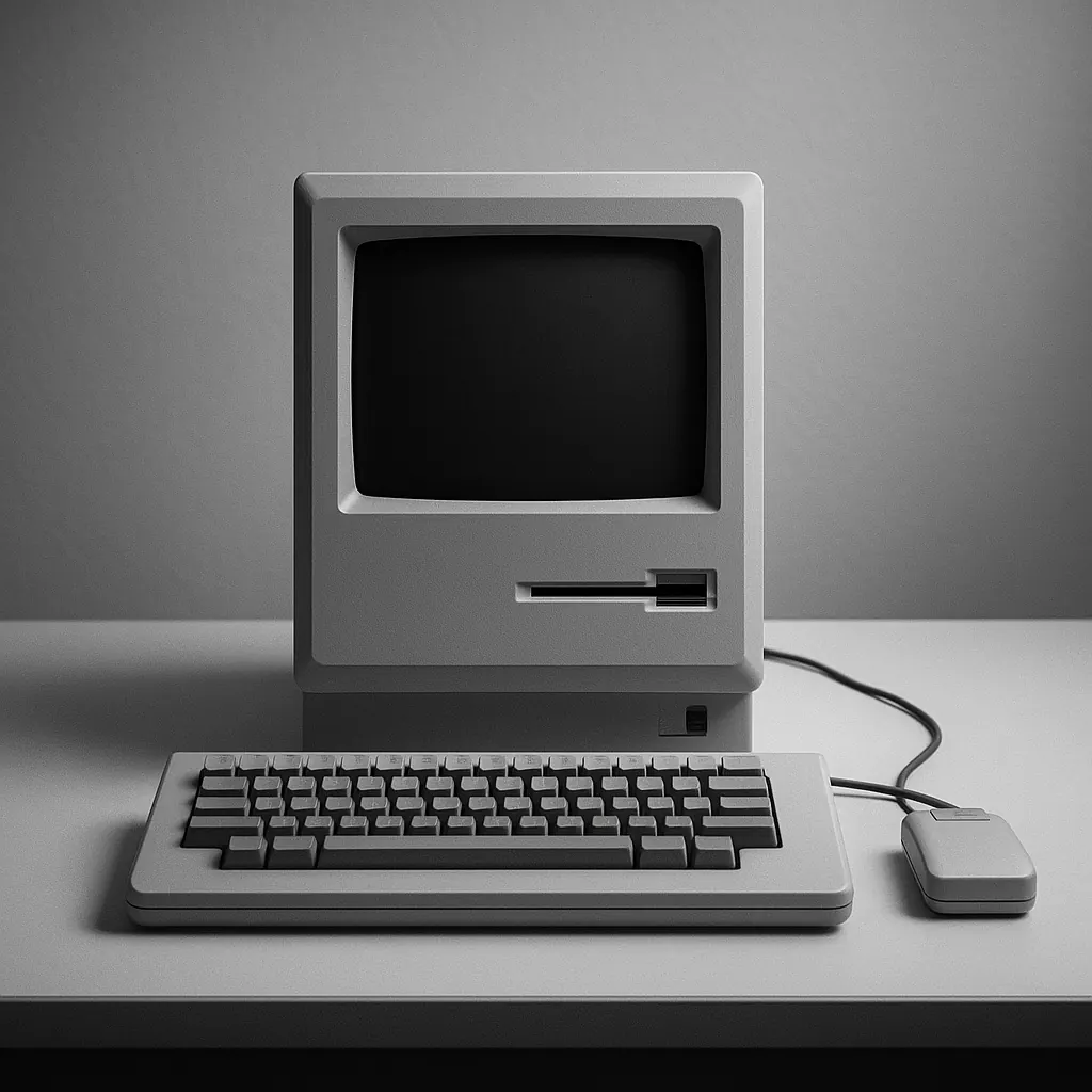 Macintosh era workstation scene in black and white